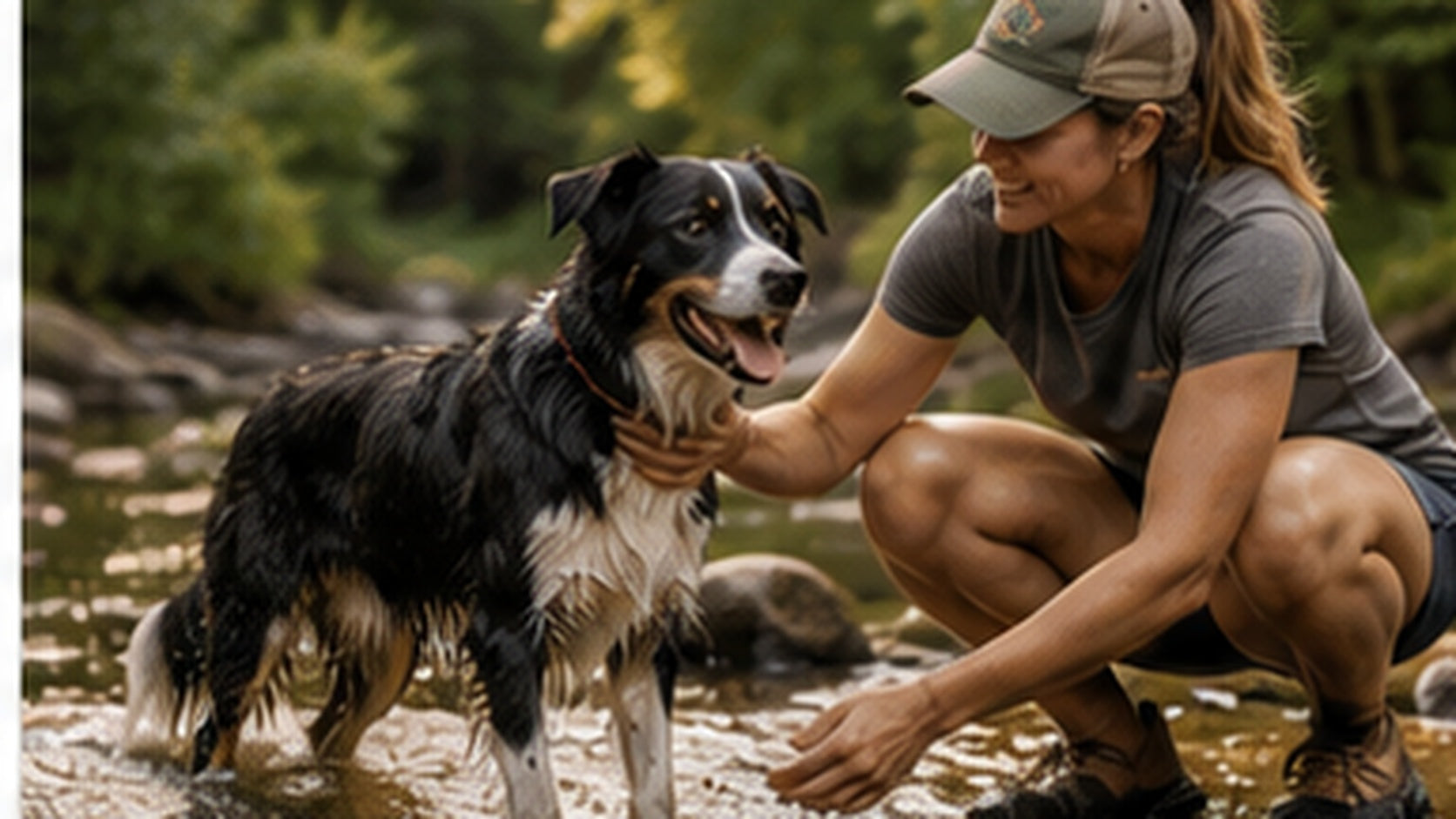 Dog owner checking a wet dog beside a creek after swimming before the ride home