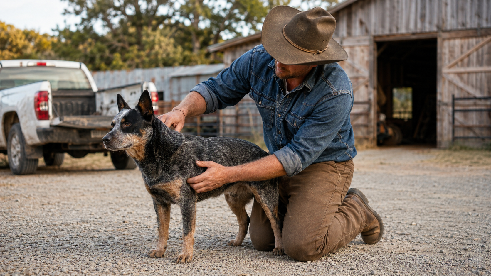 Owner performing a hands-on post-activity check on an active ranch dog