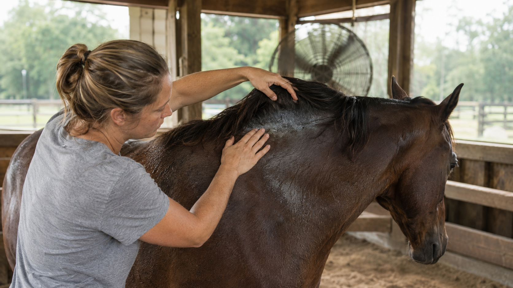 Horse owner checking damp skin beneath the mane in a humid barn