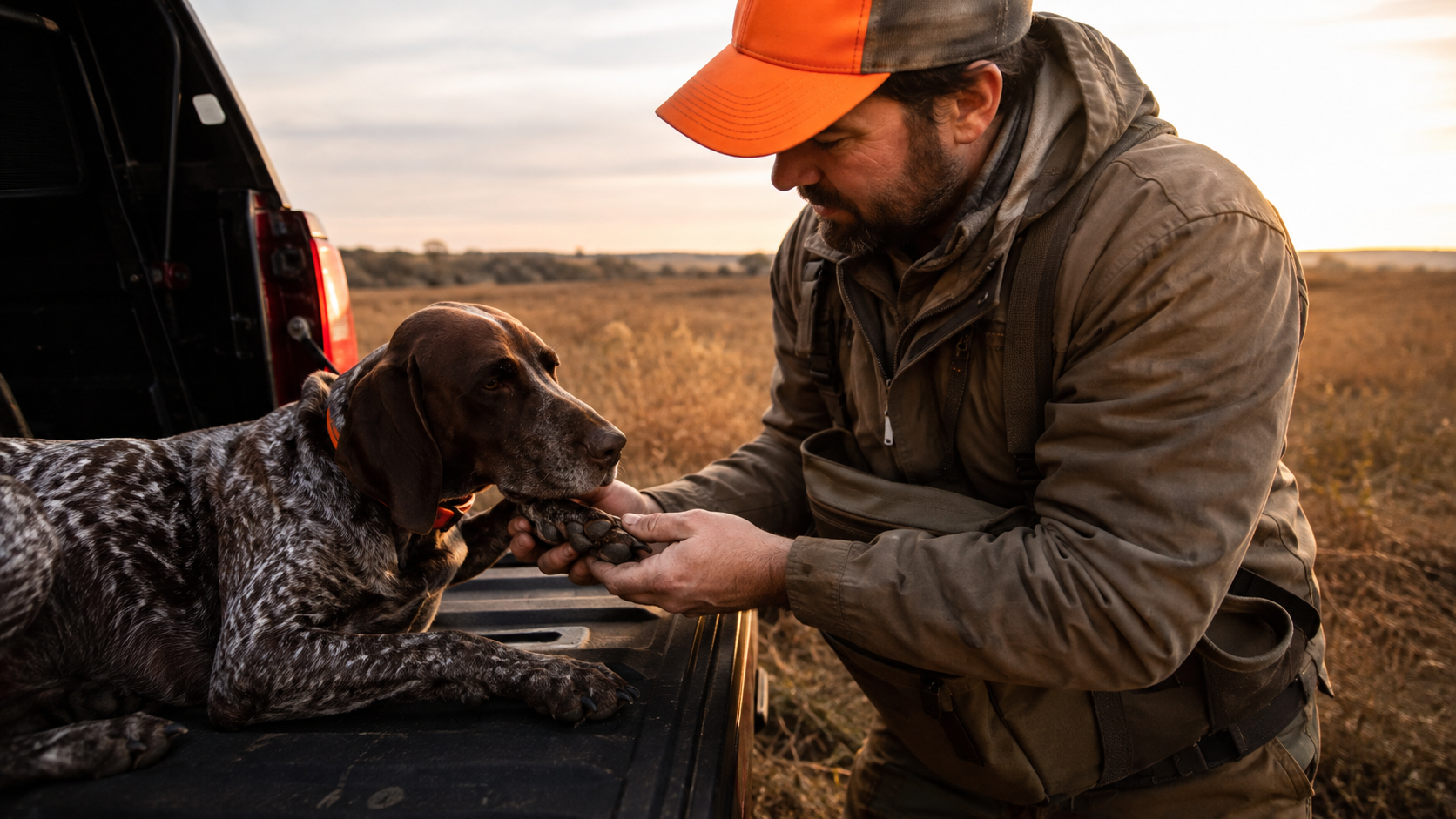 Hunter checking a German shorthaired pointer's paw pads and toes after field work