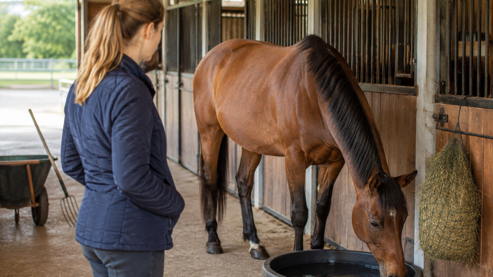 Horse drinking clean water while an owner checks forage and manure records