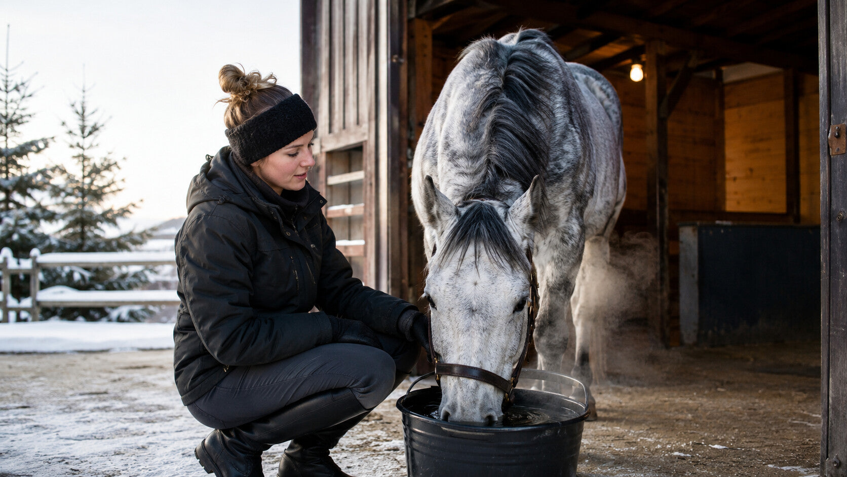 Horse drinking water after light winter work
