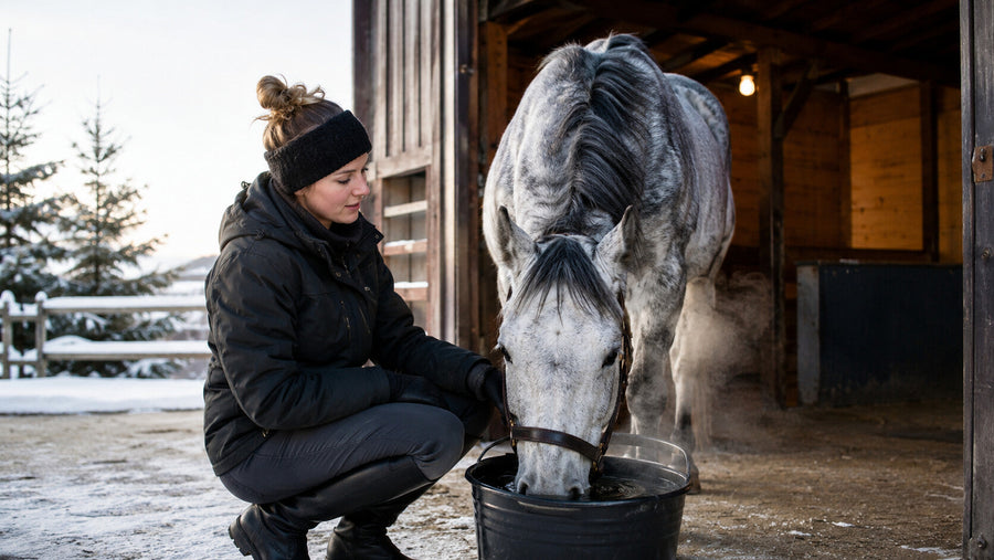 Horse drinking water after light winter work