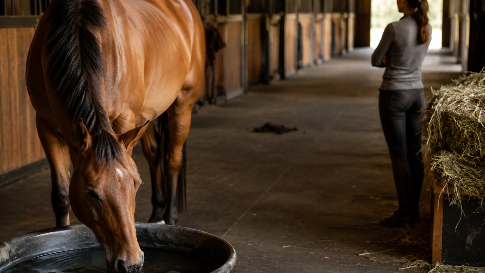 Horse drinking clean water after work while an owner observes normal recovery