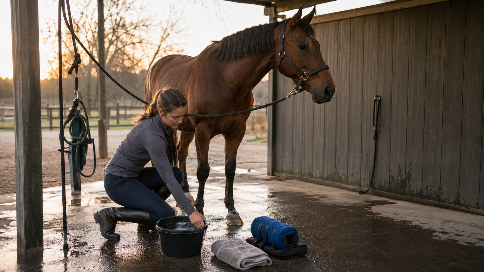 Horse owner organizing ice equipment, water and topical care after work