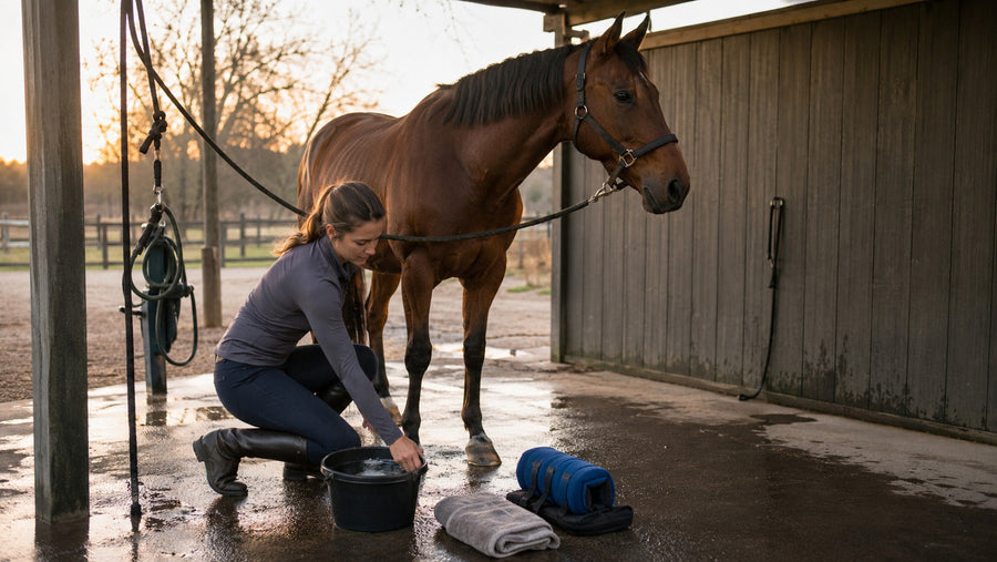 Horse owner organizing ice equipment, water and topical care after work
