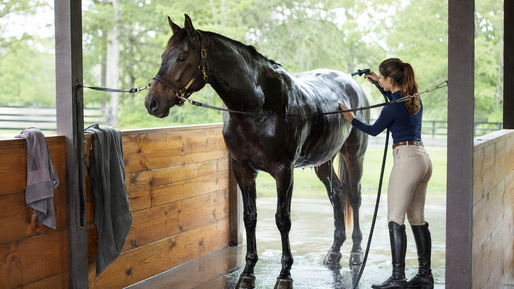 Rider rinsing a horse during a post-work cooling routine