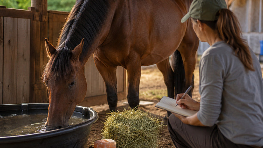 Horse owner checking clean water forage salt and recovery notes in a stable