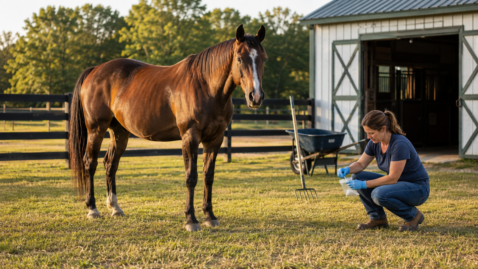 Horse owner collecting a sealed fecal sample for parasite testing near a calm horse