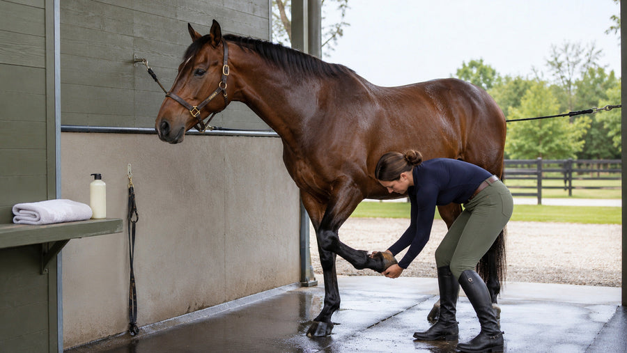 Handler checking a horse before choosing a topical care routine