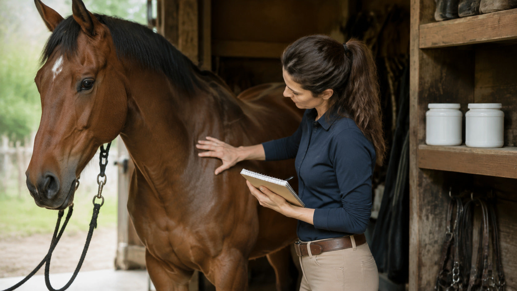 Horse owner recording observations after a hands-on care check