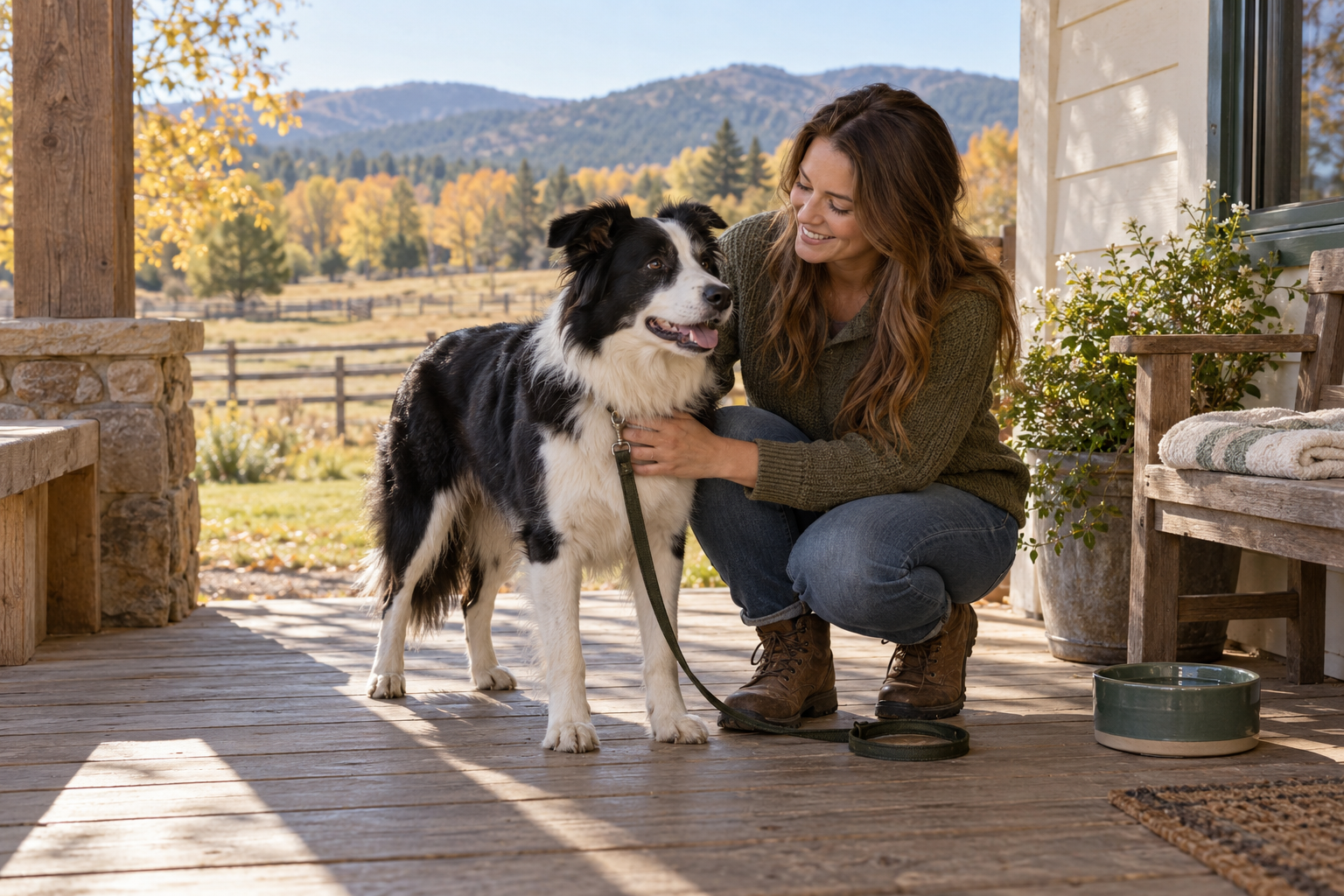 Owner spending a quiet moment with a border collie on a ranch porch after a walk.