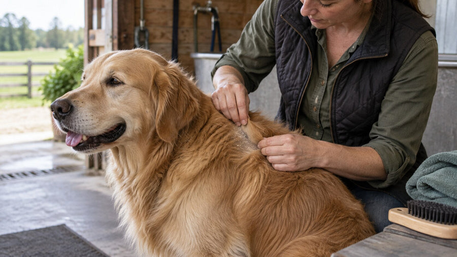 Dog owner parting a Golden Retriever's coat to check dry, flaky skin