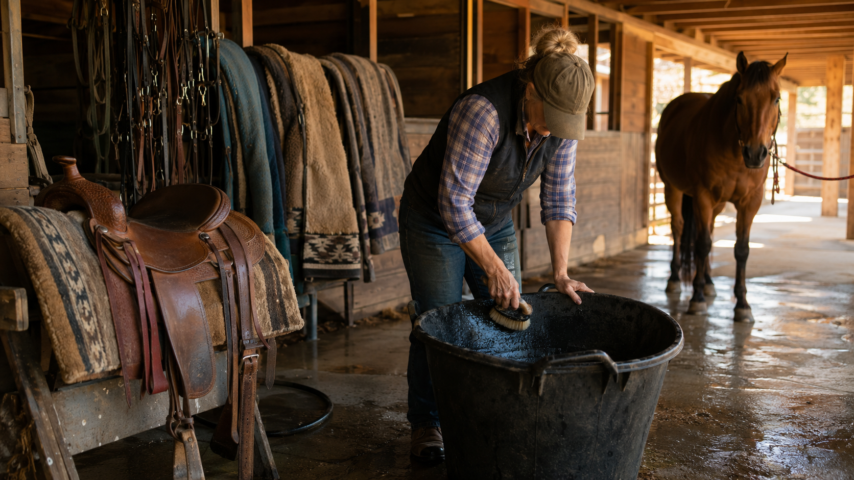 Horse owner scrubbing a plain barn tub beside organized unbranded tack