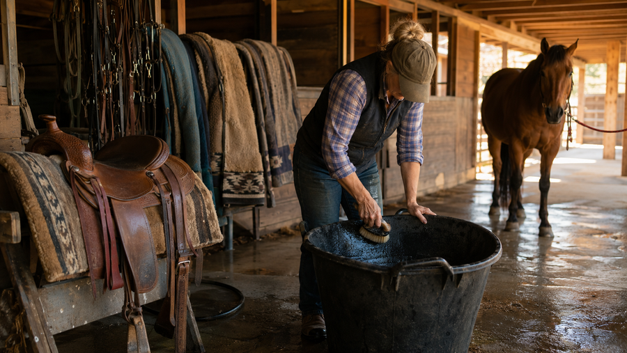 Horse owner scrubbing a plain barn tub beside organized unbranded tack