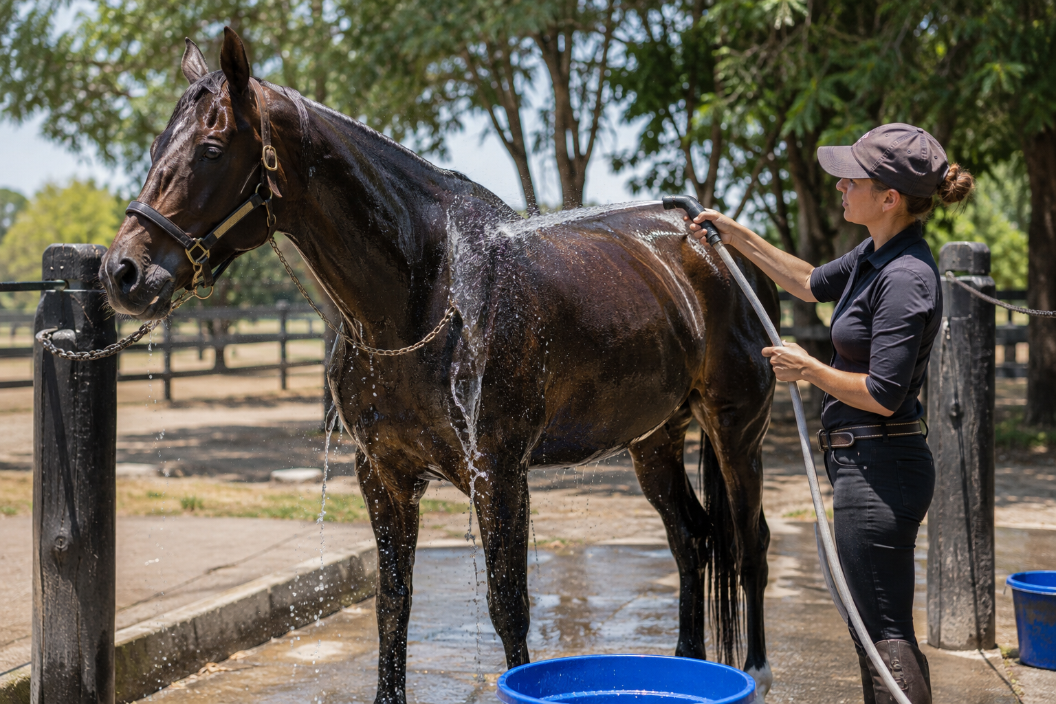 Rider cooling a dark horse with a hose after work on a hot day