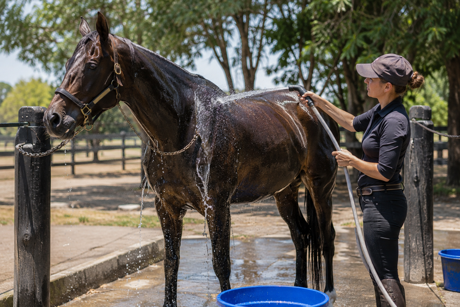 Rider cooling a dark horse with a hose after work on a hot day