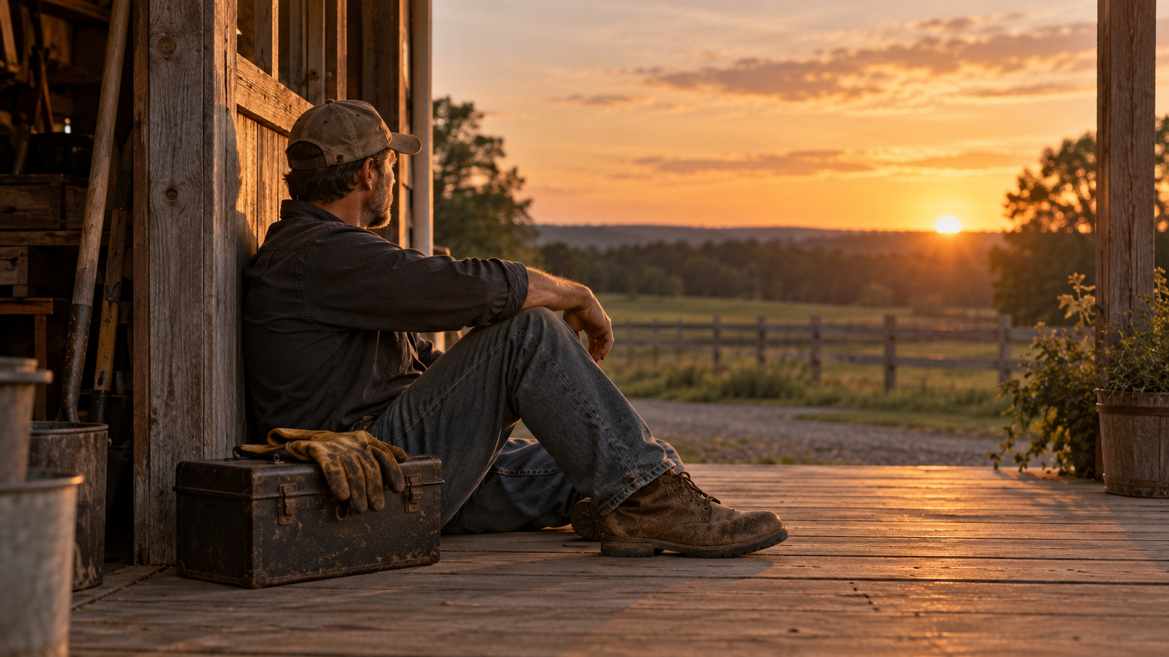 Working man resting at a barn doorway at sunset after a long day