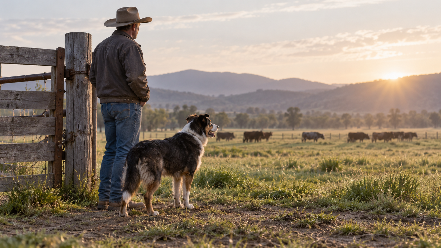 Rancher and working dog watching cattle in a pasture at sunrise