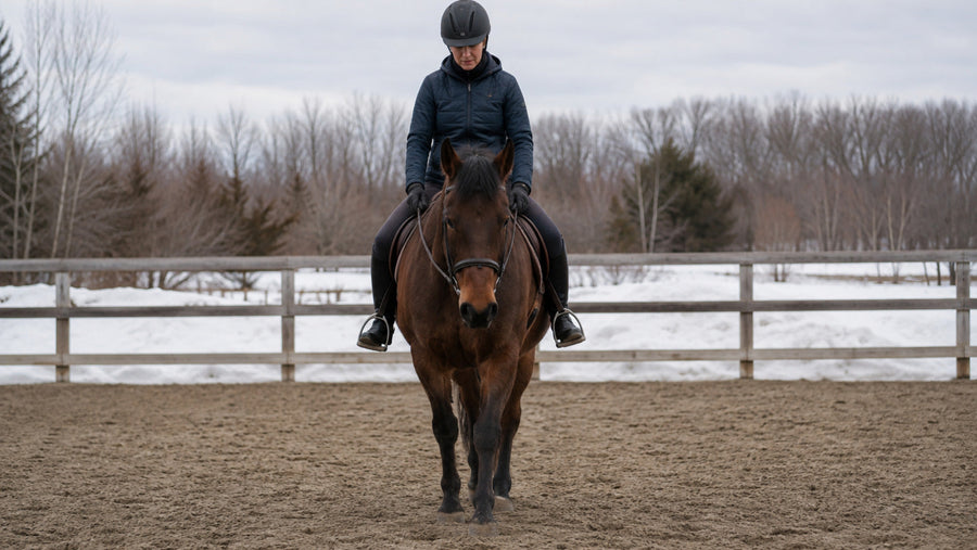 Horse and rider walking on straight level footing during late winter conditioning