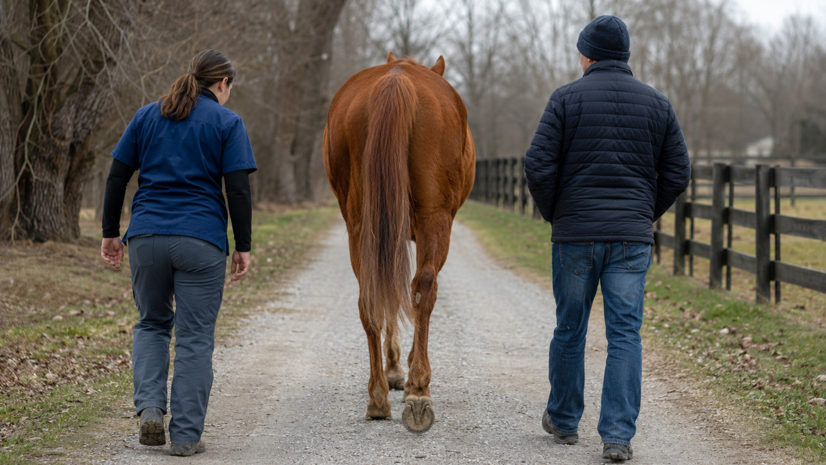 Veterinarian observing a horse walking straight on level footing from behind