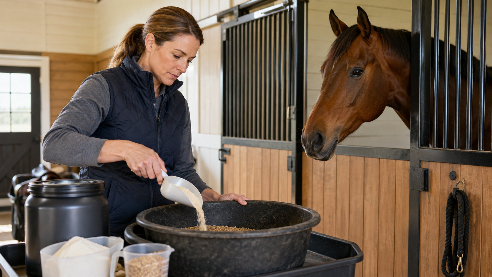 Caretaker measuring granulated feed supplement