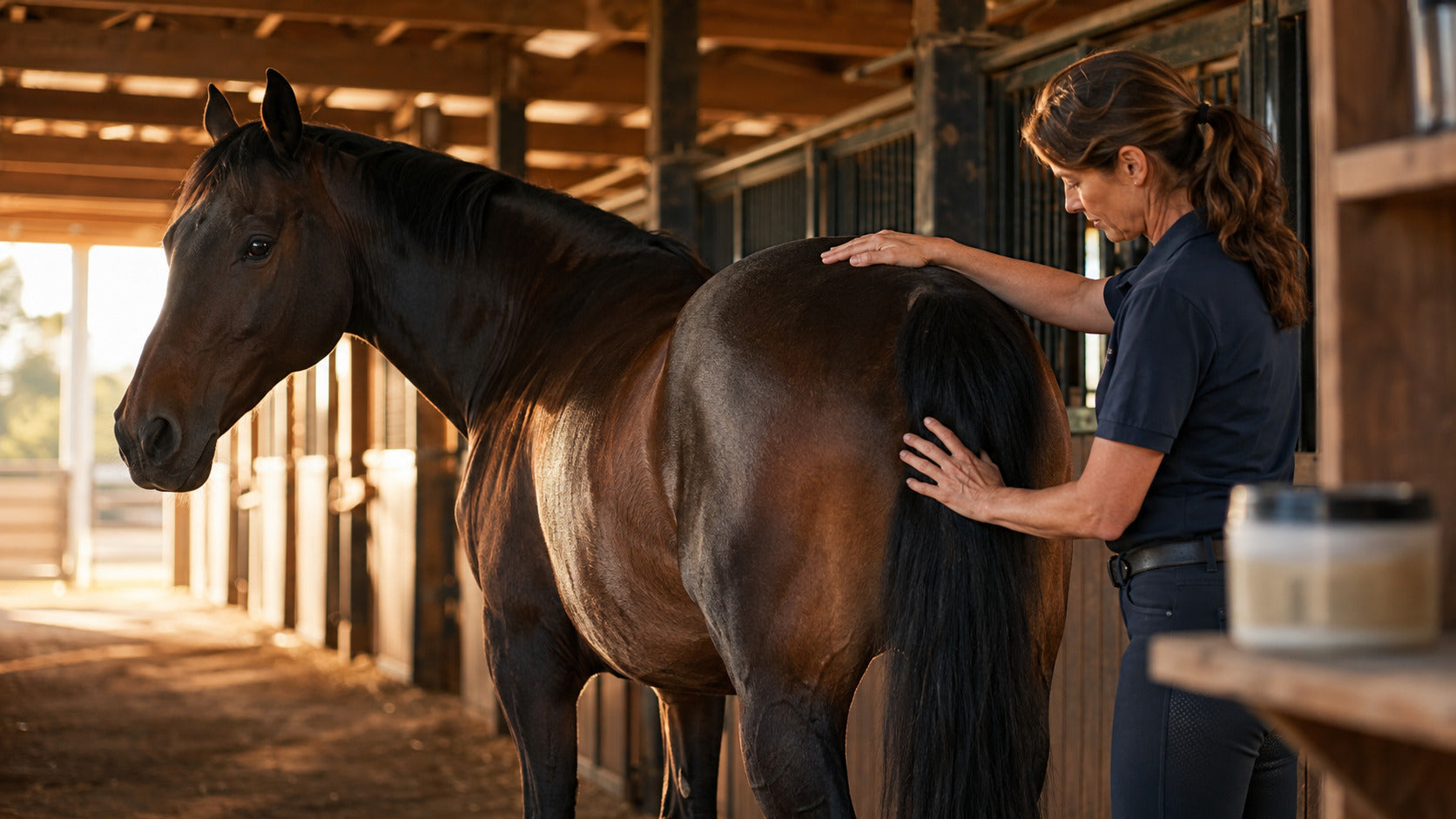 Rider performing a calm post-ride hands-on check in a barn