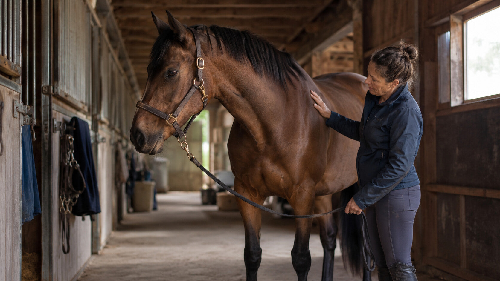 Rider observing a horse's posture and recovery signals in a quiet barn
