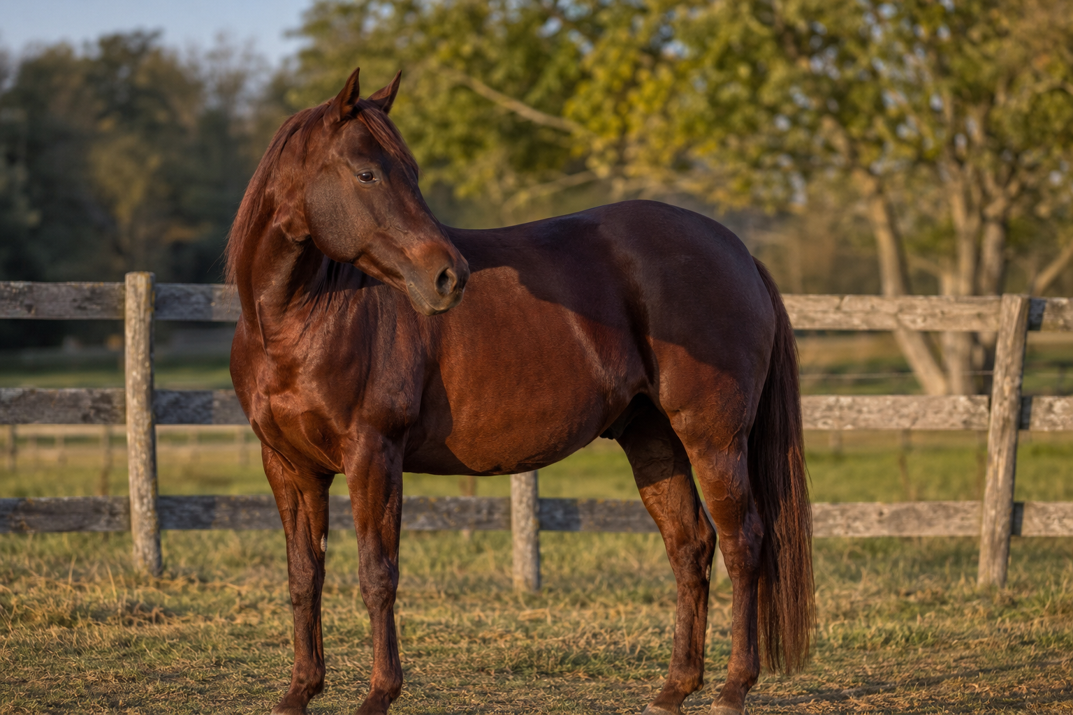 Liver chestnut horse showing a deep mahogany red-brown coat without black points