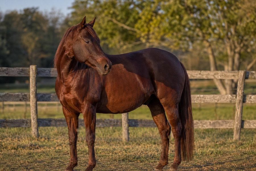 Liver chestnut horse showing a deep mahogany red-brown coat without black points