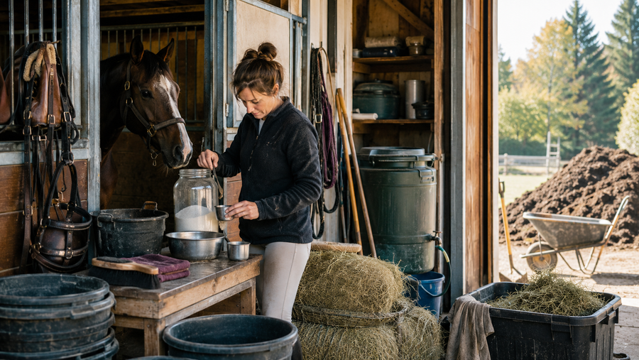 Practical low-waste feed and bedding routine in a horse barn
