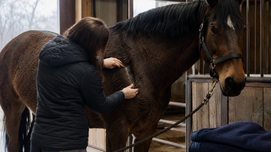 Horse owner parting and grooming a heavy late-winter coat after light work
