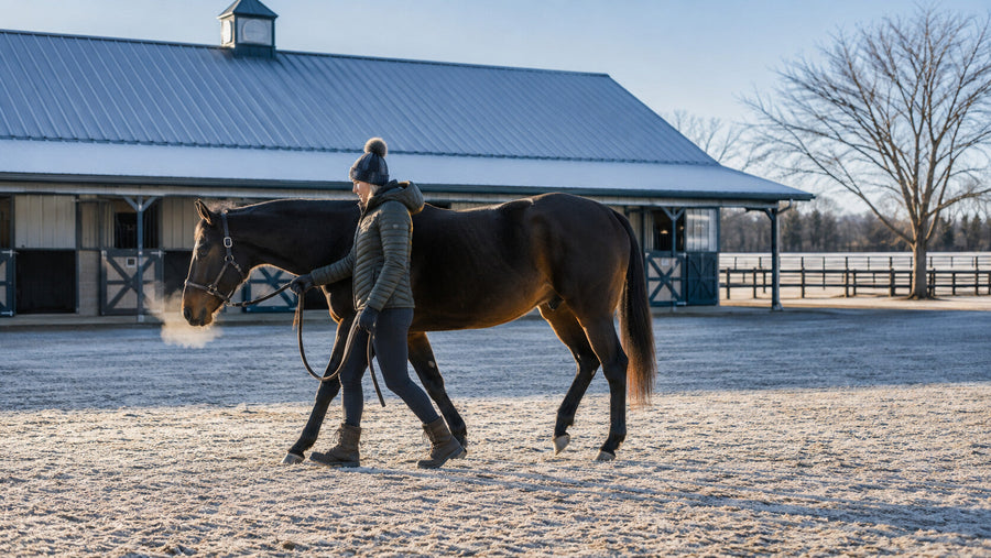 Handler observing a horse's stride during a cold-weather warm-up