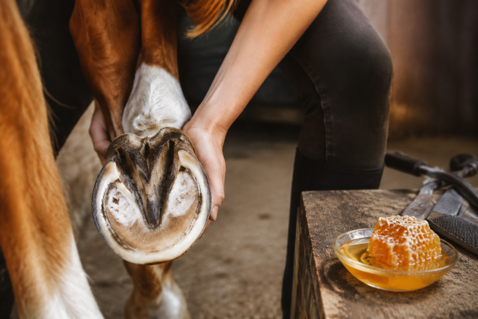 Horse hoof inspection beside honeycomb as an ingredient-context cue