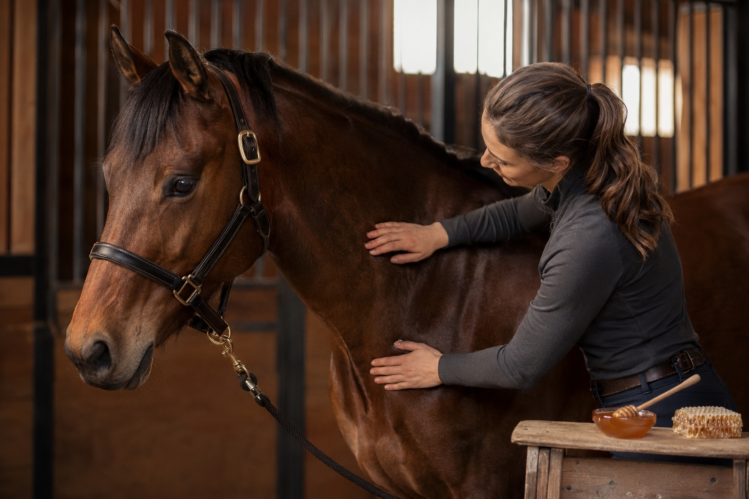 Horse owner checking a bay horse's skin and coat beside a honey ingredient cue
