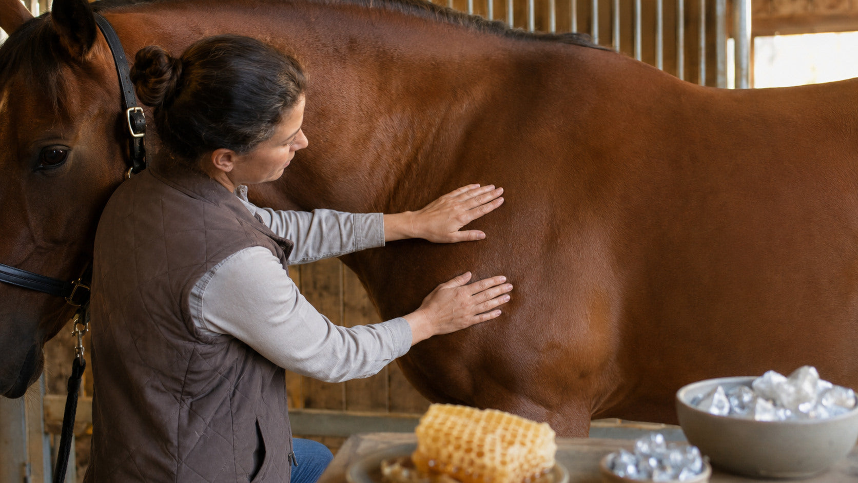 Horse owner checking a horse's healthy skin with honey and silver ingredient cues nearby