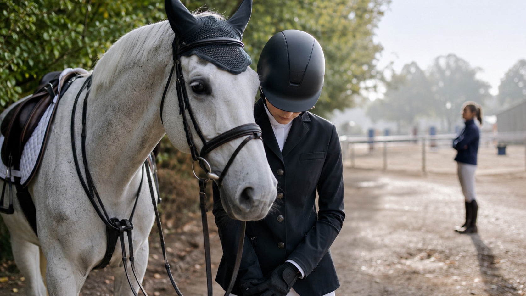 Horse show rider taking a quiet breath beside a calm horse before entering the ring