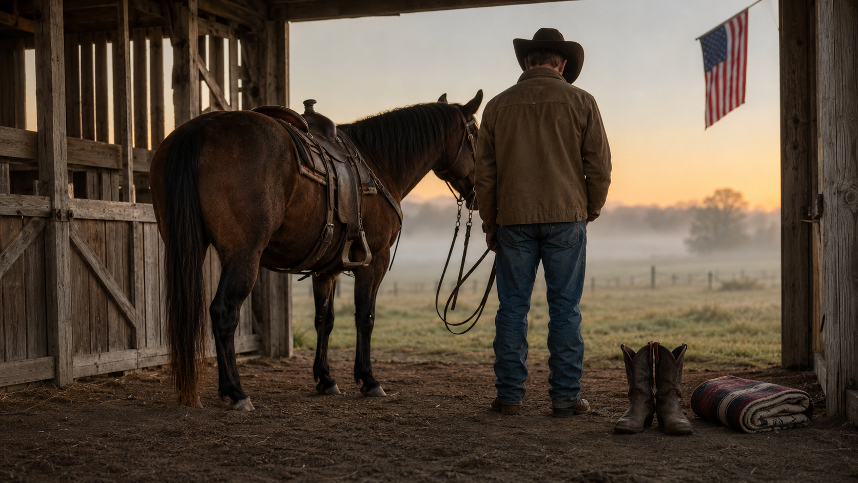 Rider and horse pausing quietly at dawn for Memorial Day remembrance