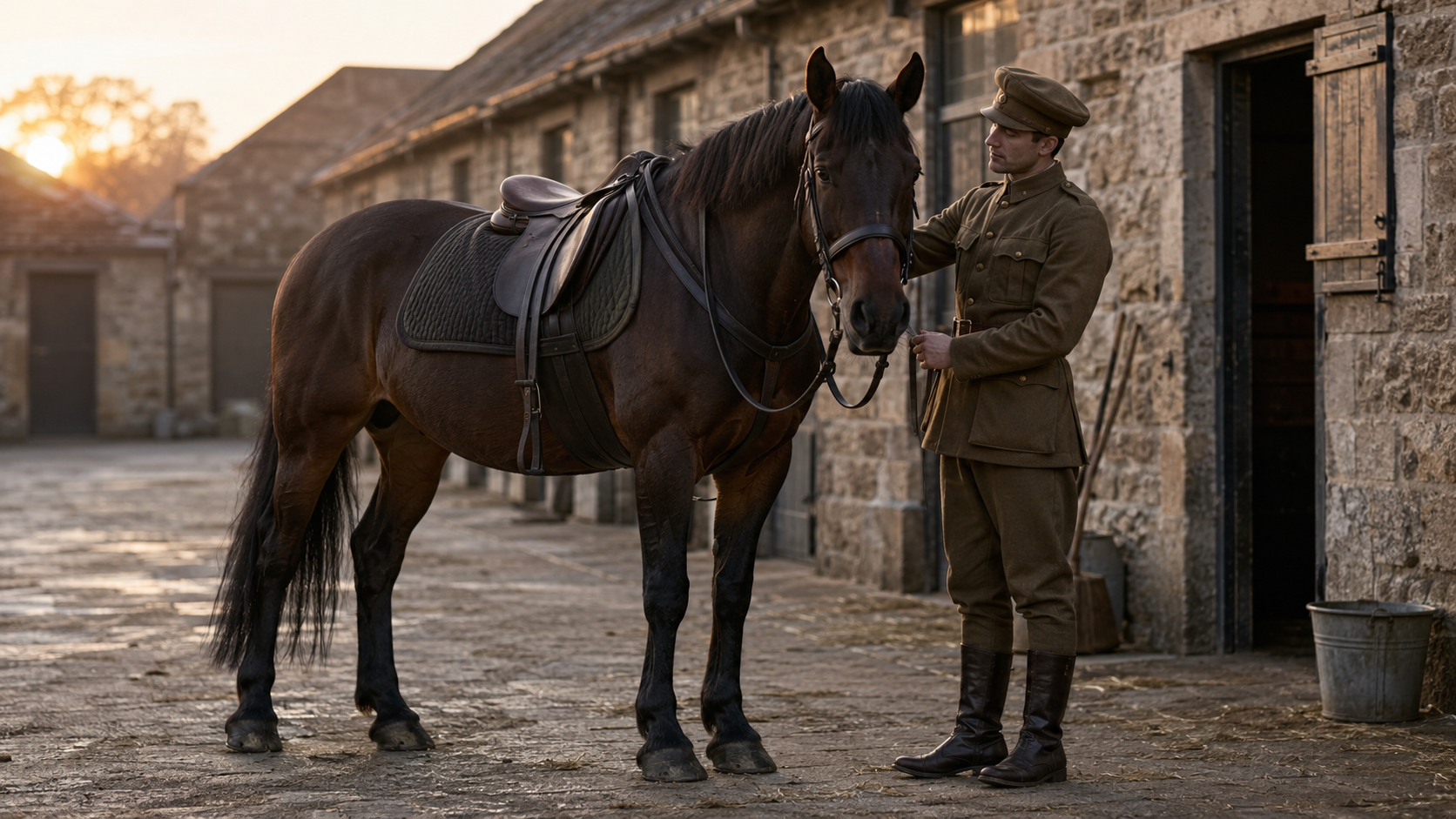 Military horse and handler standing quietly in a stable courtyard