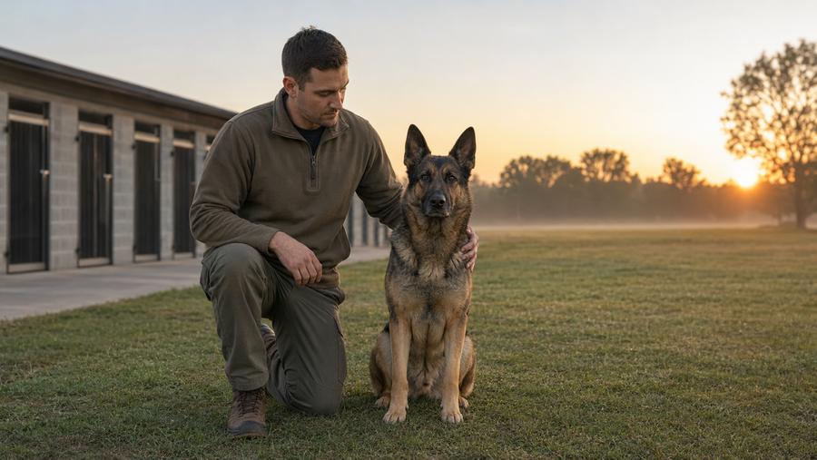 Military working dog sitting beside its handler at dawn