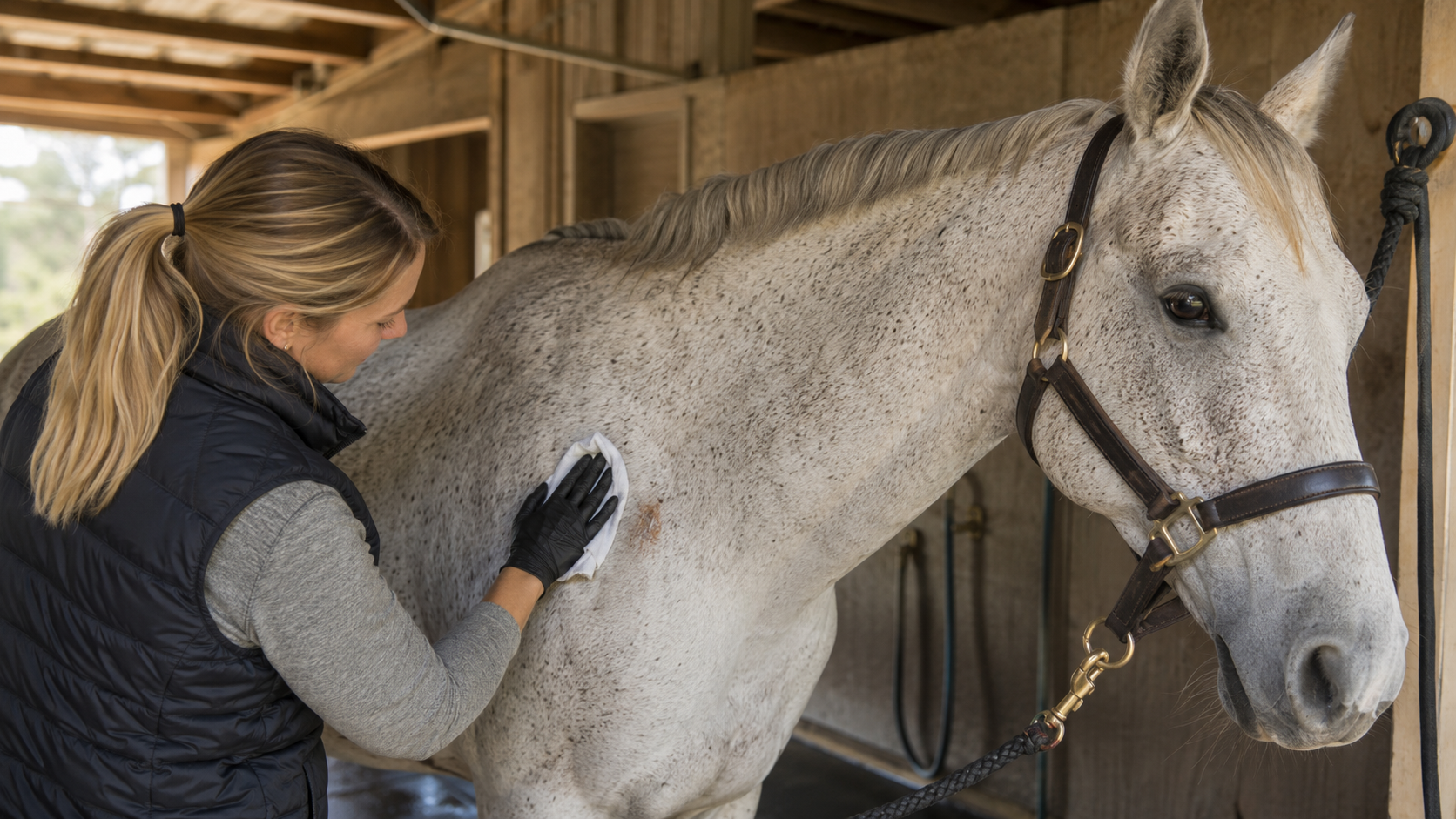 Horse owner checking a small superficial shoulder scrape