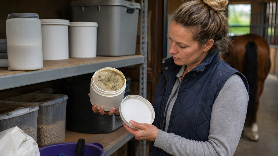 Barn owner inspecting a contaminated unbranded container before discarding it