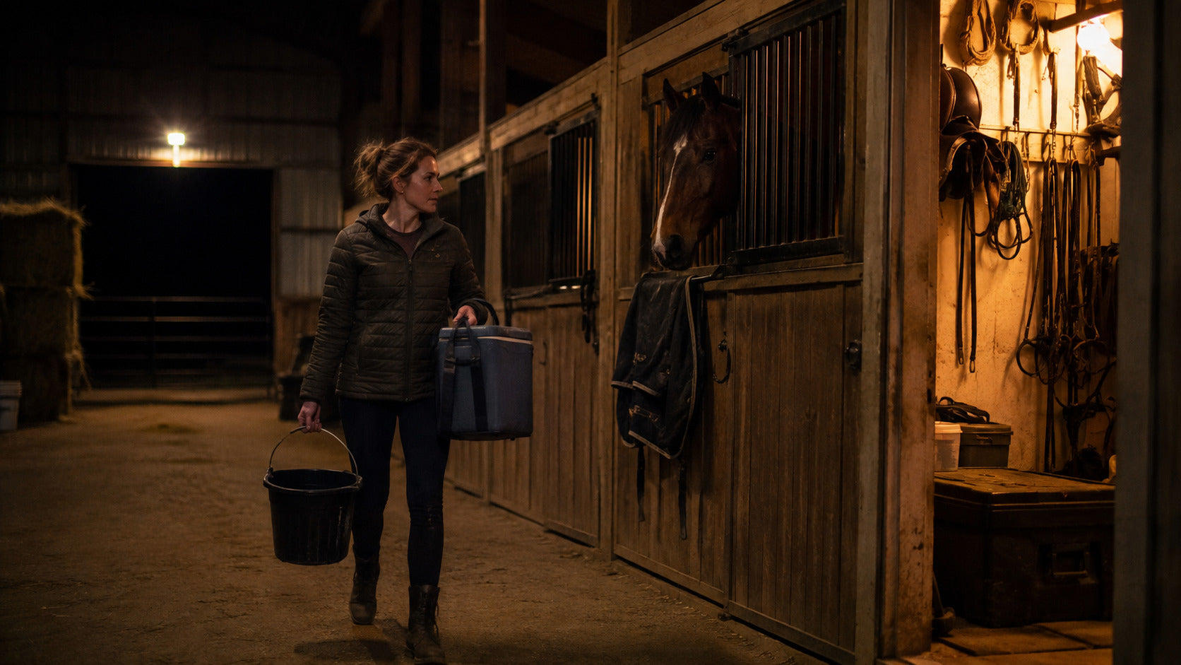 Horse owner completing late-night barn chores