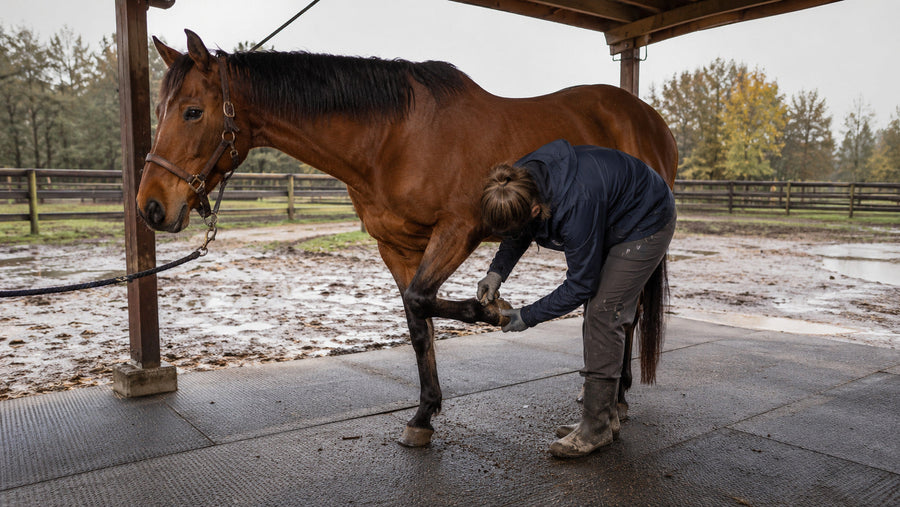 Caretaker cleaning a horse’s hoof during mud season
