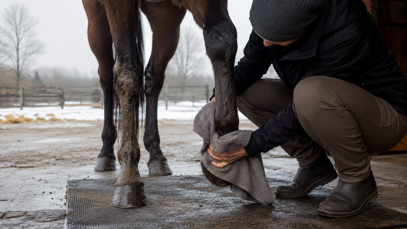 Horse owner gently cleaning and drying a pastern after muddy turnout