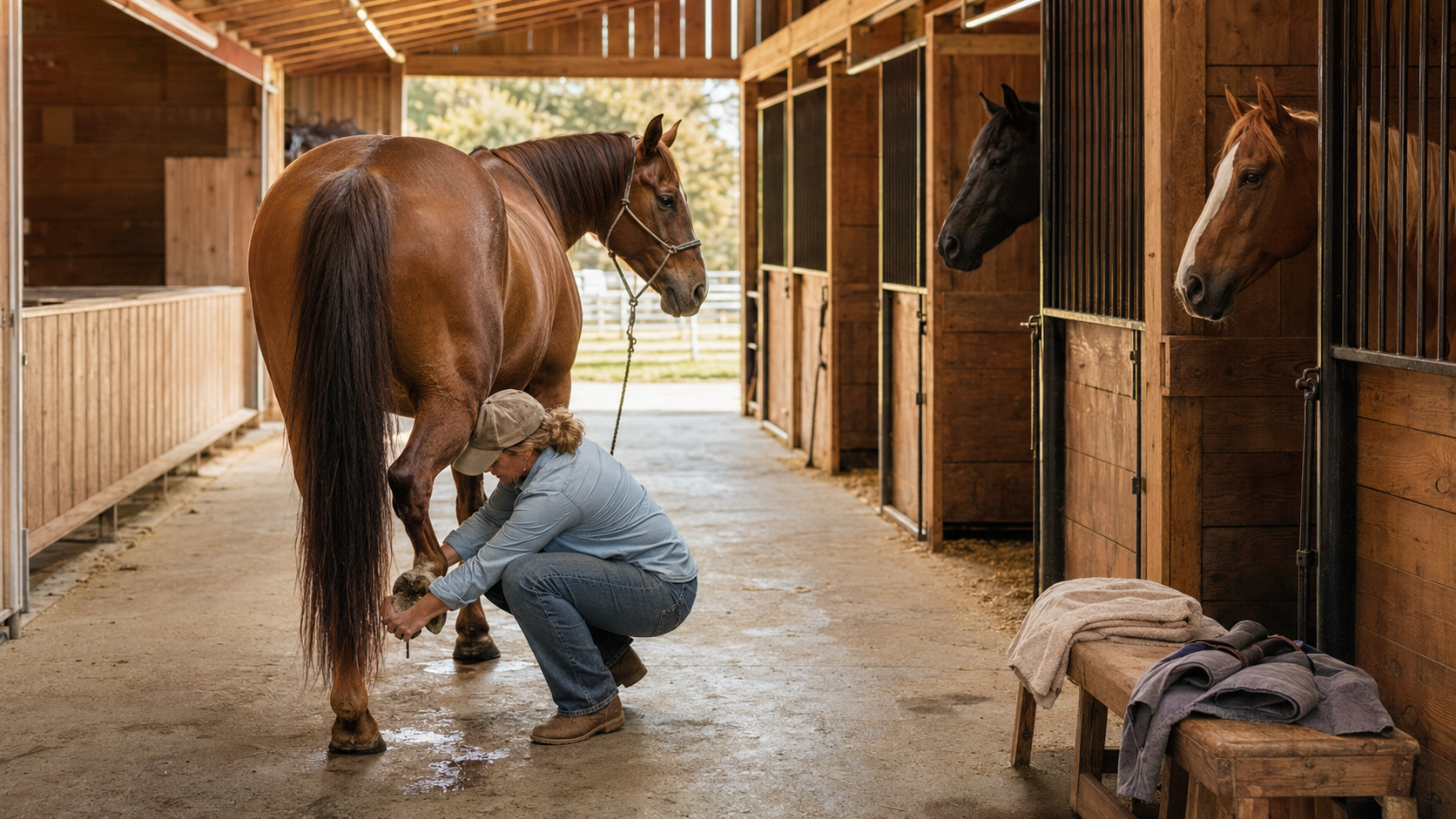 Horse owner completing a leg check in a multi-horse home barn