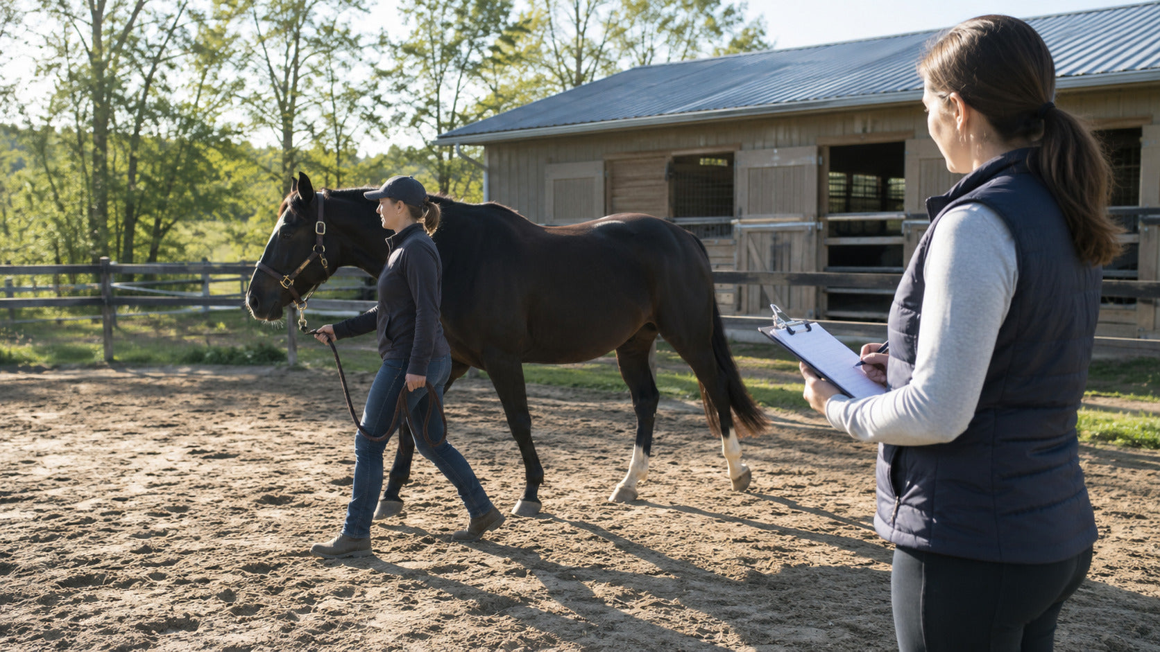 Equine-care team observing a horse moving in hand and taking notes