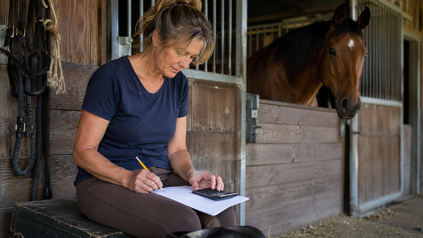 Horse owner reviewing a simple barn-care budget beside a tack trunk