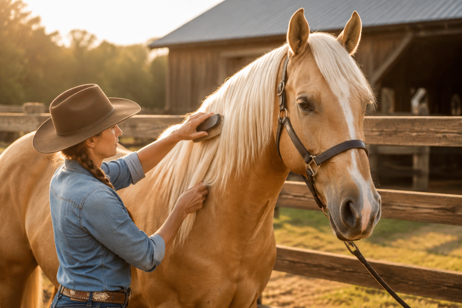 Palomino horse with a light mane being groomed in warm natural light