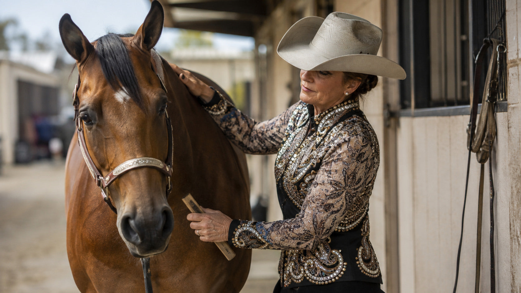 Mature western exhibitor grooming her Quarter Horse at a show barn